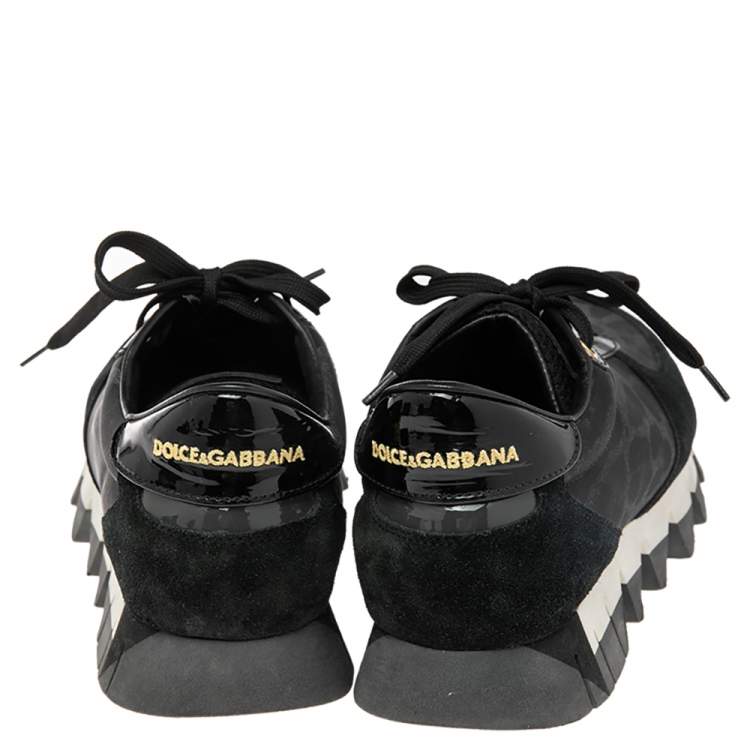 Pre Owned Dolce & Gabbana Black Leopard Print Fabric and Suede Sawtooth Sneakers Size 41