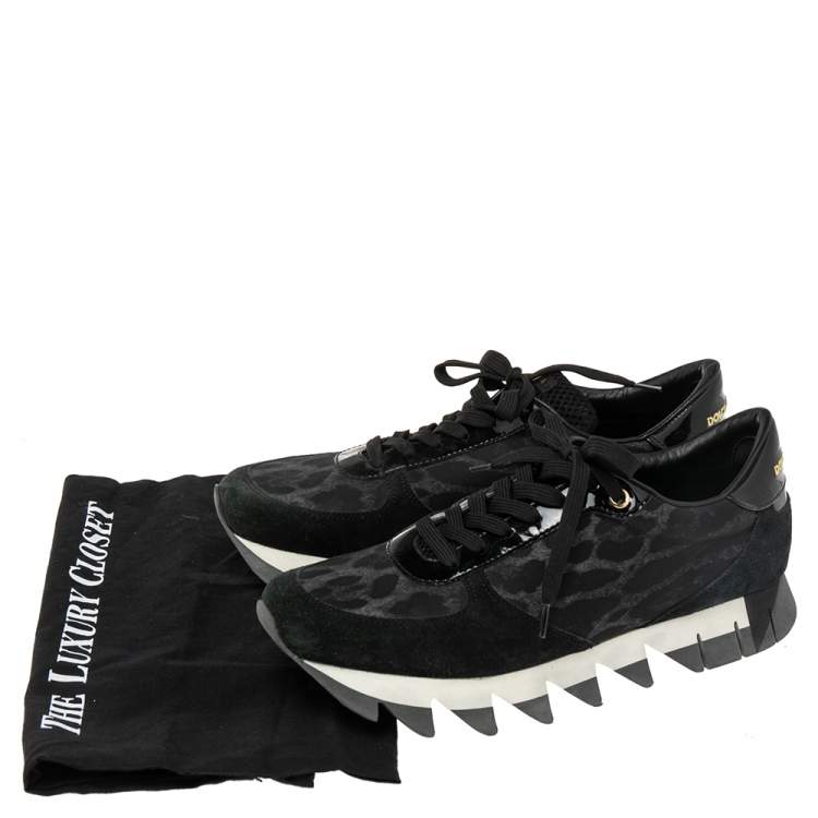 Pre Owned Dolce & Gabbana Black Leopard Print Fabric and Suede Sawtooth Sneakers Size 41