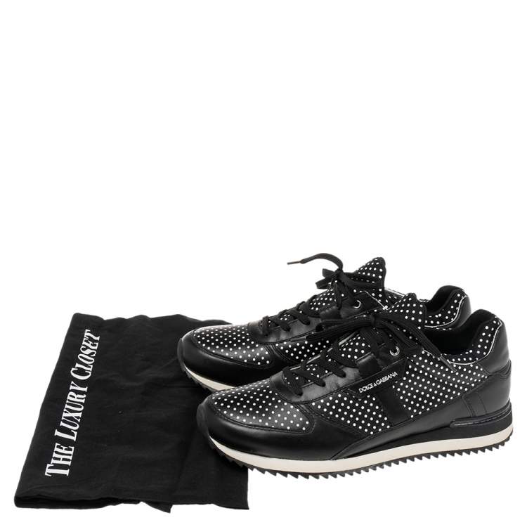 Pre Owned Dolce & Gabbana Black/White Leather Polka Dot Lace Up Sneakers Size 40
