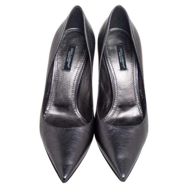 Pre Owned Dolce & Gabbana Metallic Grey Leather Lori Pointed Toe Pumps Size 39