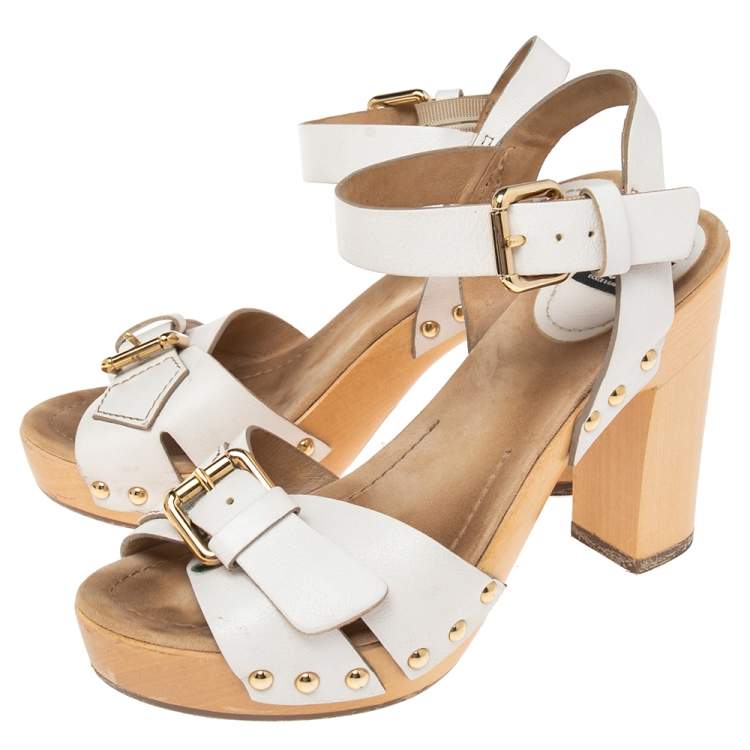 Pre Owned Dolce & Gabbana White Leather Buckle Detail Ankle Strap Wooden Platform Sandals Size 37