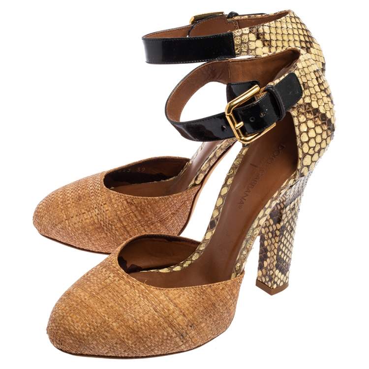 Pre Owned Dolce & Gabbana Brown/Beige Raffia and Python Ankle Strap Sandals Size 39