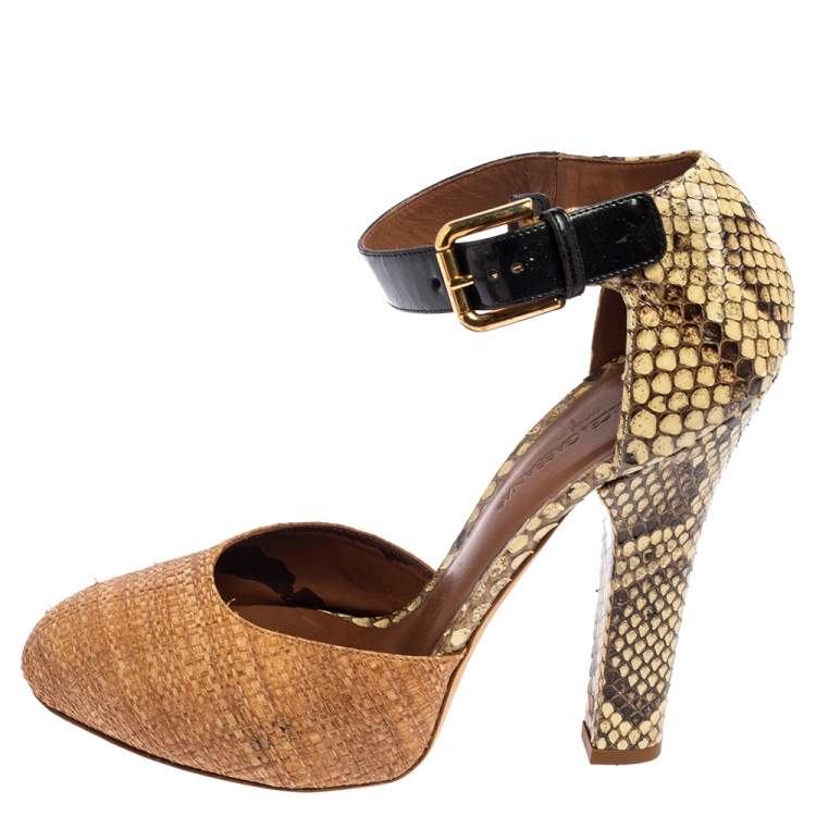 Pre Owned Dolce & Gabbana Brown/Beige Raffia and Python Ankle Strap Sandals Size 39