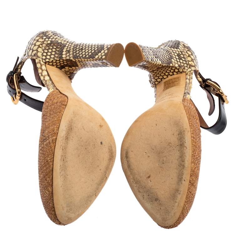Pre Owned Dolce & Gabbana Brown/Beige Raffia and Python Ankle Strap Sandals Size 39