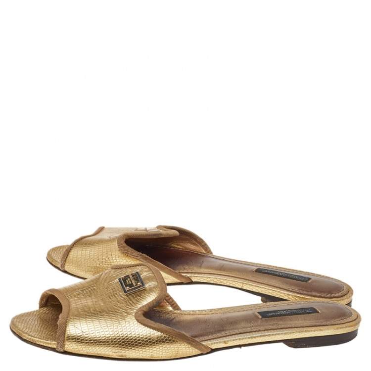 Pre Owned Dolce & Gabbana Gold Leather Flat Slides Size 37.5 