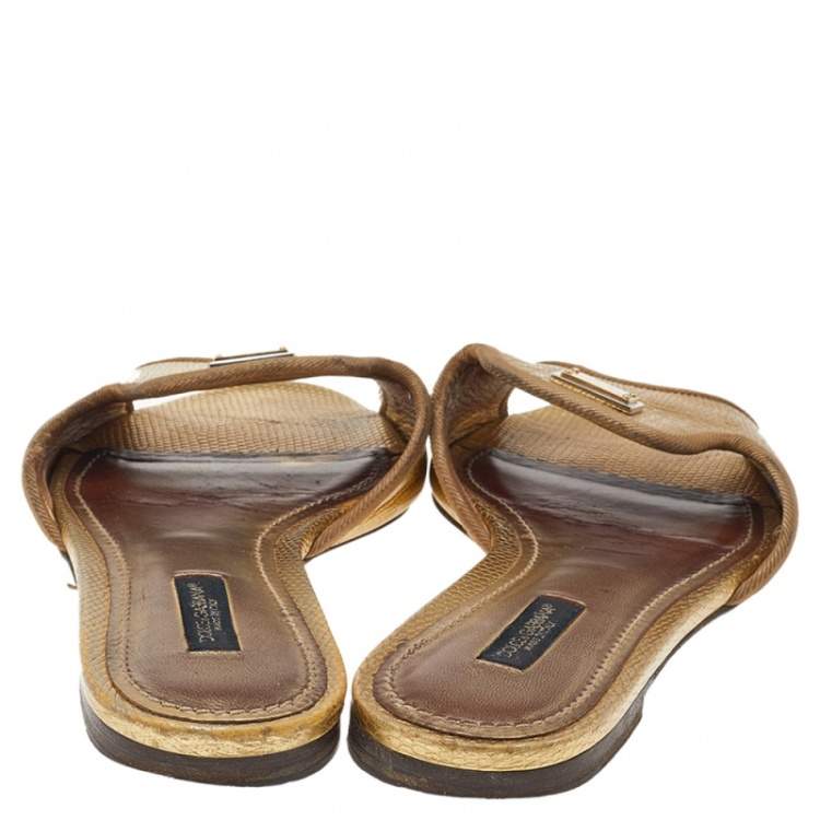 Pre Owned Dolce & Gabbana Gold Leather Flat Slides Size 37.5 
