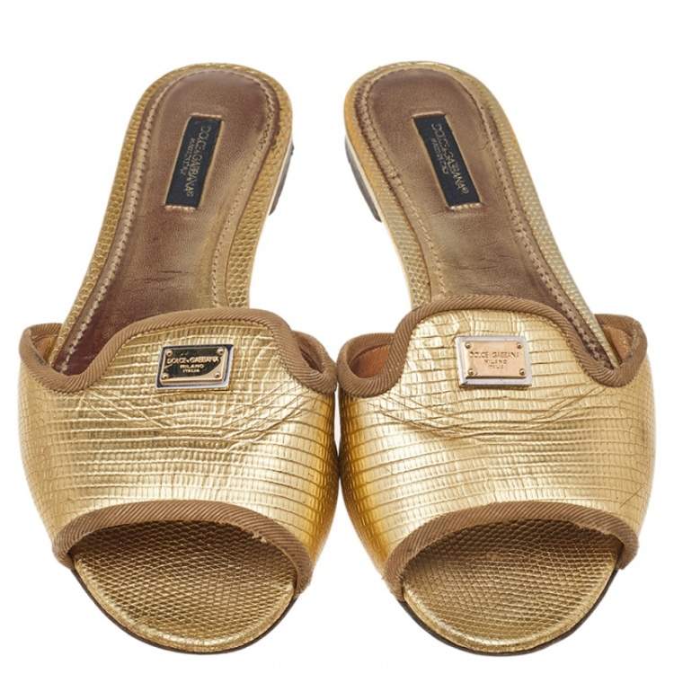 Pre Owned Dolce & Gabbana Gold Leather Flat Slides Size 37.5 