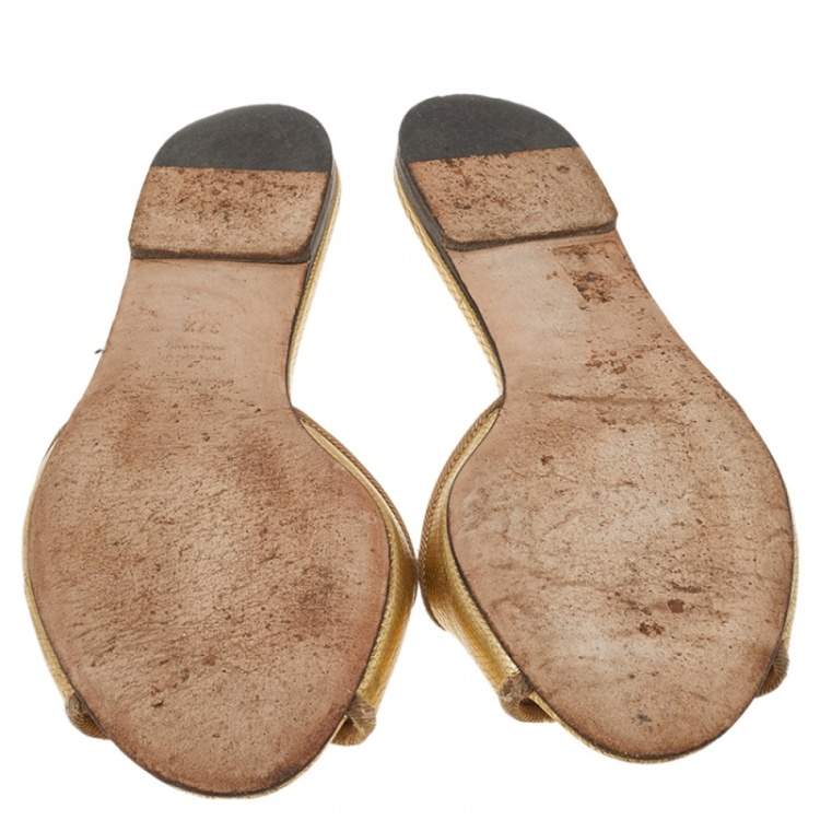 Pre Owned Dolce & Gabbana Gold Leather Flat Slides Size 37.5 