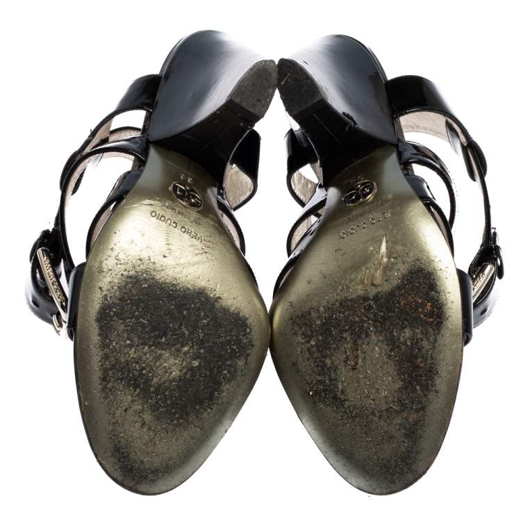 Pre Owned Dolce & Gabbana Black Patent Leather Criss Cross Ankle Strap Sandals Size 38
