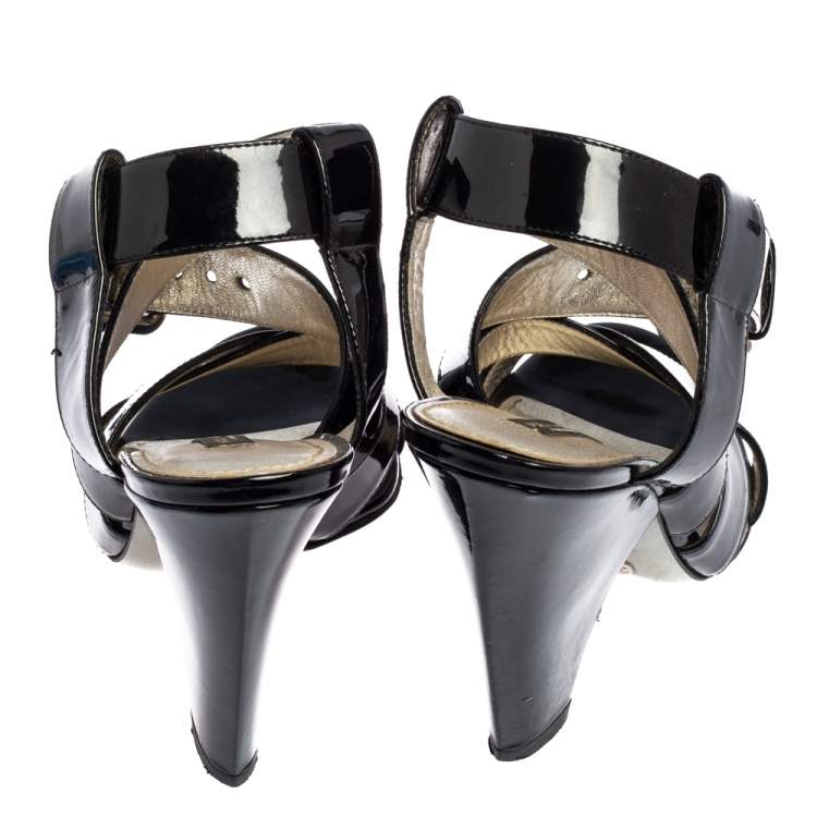 Pre Owned Dolce & Gabbana Black Patent Leather Criss Cross Ankle Strap Sandals Size 38
