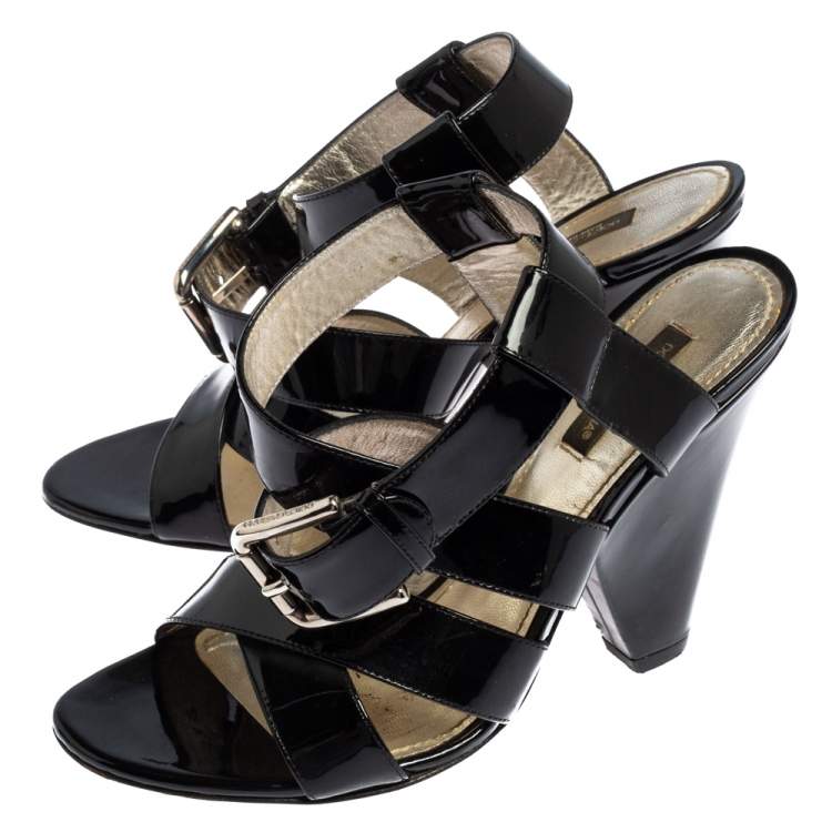 Pre Owned Dolce & Gabbana Black Patent Leather Criss Cross Ankle Strap Sandals Size 38
