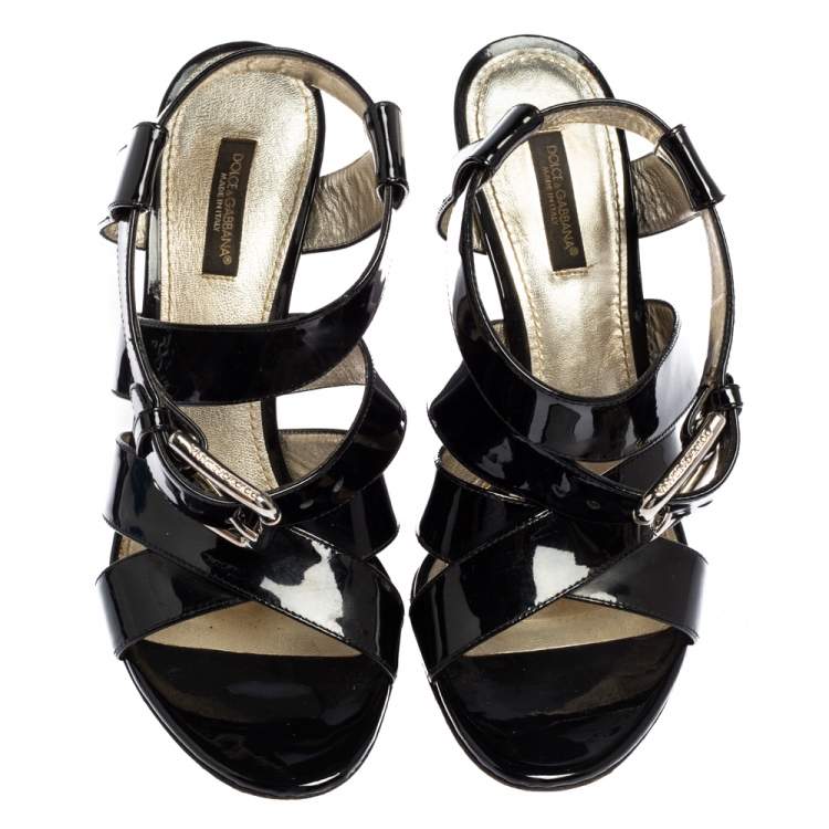 Pre Owned Dolce & Gabbana Black Patent Leather Criss Cross Ankle Strap Sandals Size 38