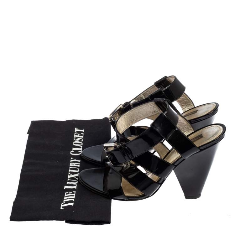 Pre Owned Dolce & Gabbana Black Patent Leather Criss Cross Ankle Strap Sandals Size 38