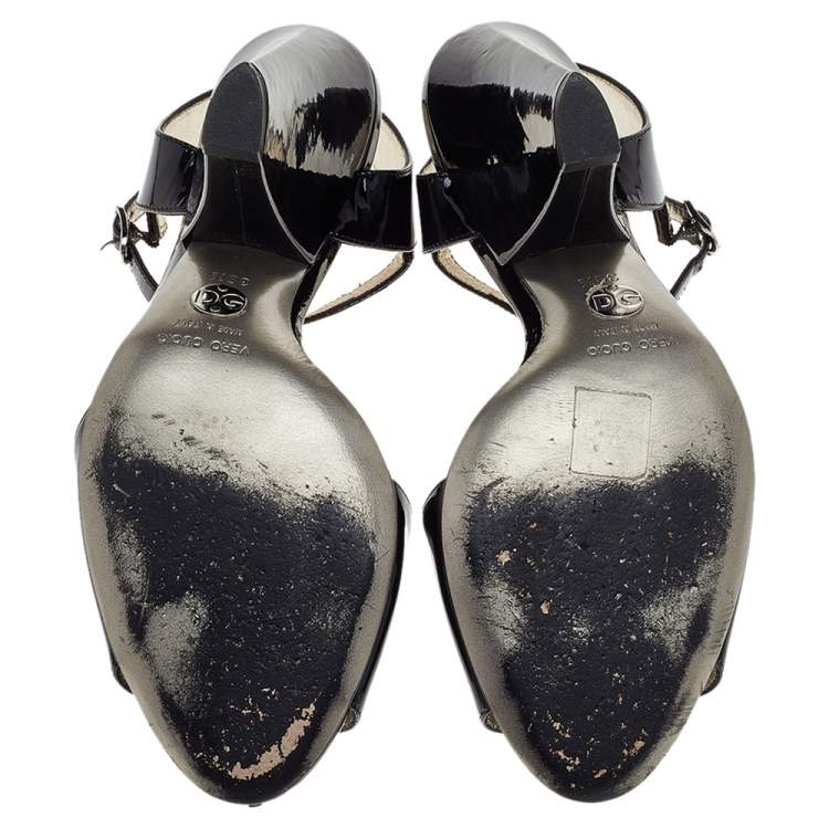 Pre Owned Dolce & Gabbana Black Patent Leather Open Toe Ankle Strap Sandals Size 39.5