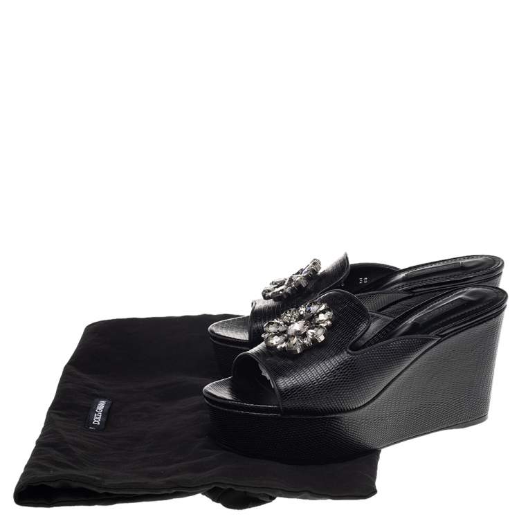 Pre Owned Dolce & Gabbana Black Lizard Embossed Leather Crystal Embellished Wedge Sandals Size 38