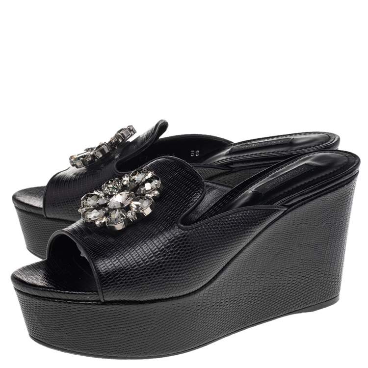 Pre Owned Dolce & Gabbana Black Lizard Embossed Leather Crystal Embellished Wedge Sandals Size 38