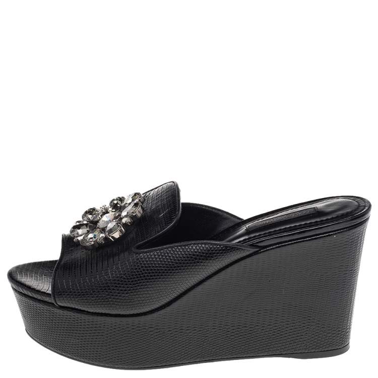 Pre Owned Dolce & Gabbana Black Lizard Embossed Leather Crystal Embellished Wedge Sandals Size 38