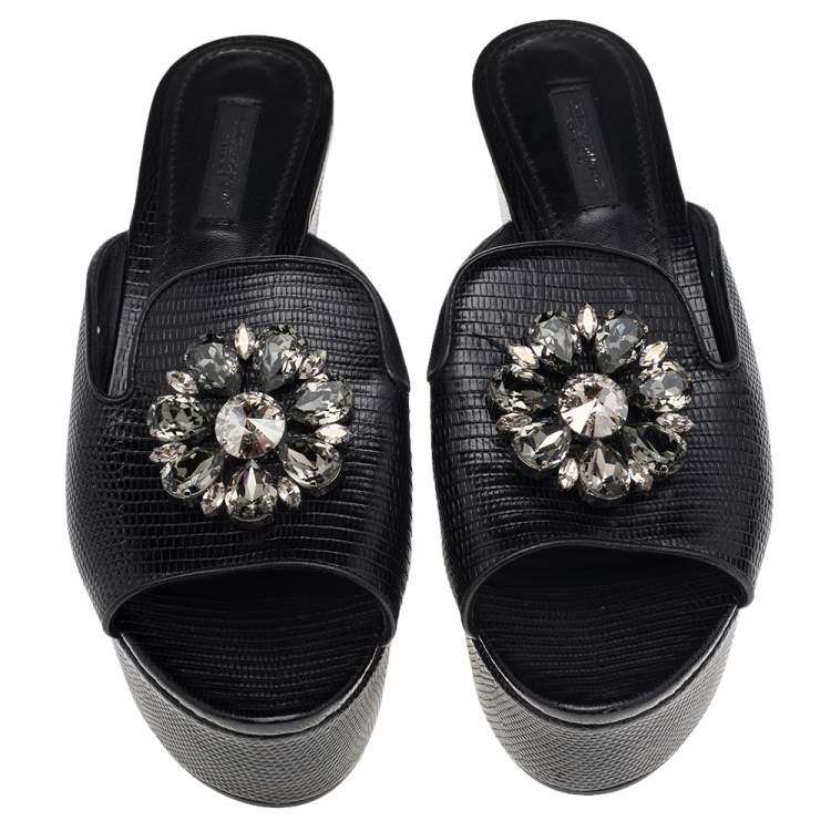 Pre Owned Dolce & Gabbana Black Lizard Embossed Leather Crystal Embellished Wedge Sandals Size 38