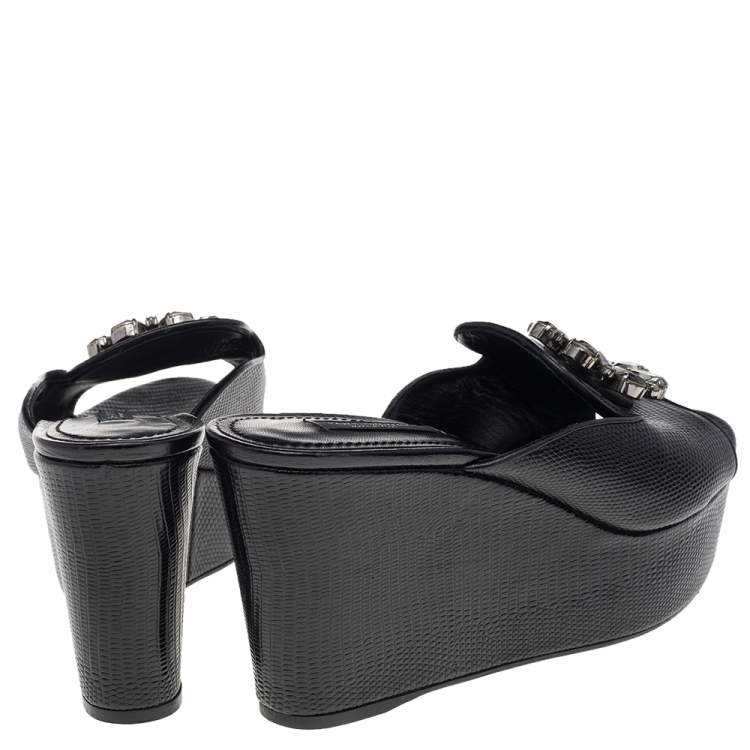 Pre Owned Dolce & Gabbana Black Lizard Embossed Leather Crystal Embellished Wedge Sandals Size 38