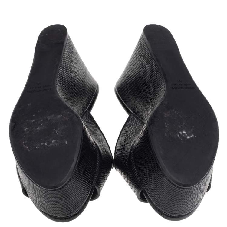Pre Owned Dolce & Gabbana Black Lizard Embossed Leather Crystal Embellished Wedge Sandals Size 38