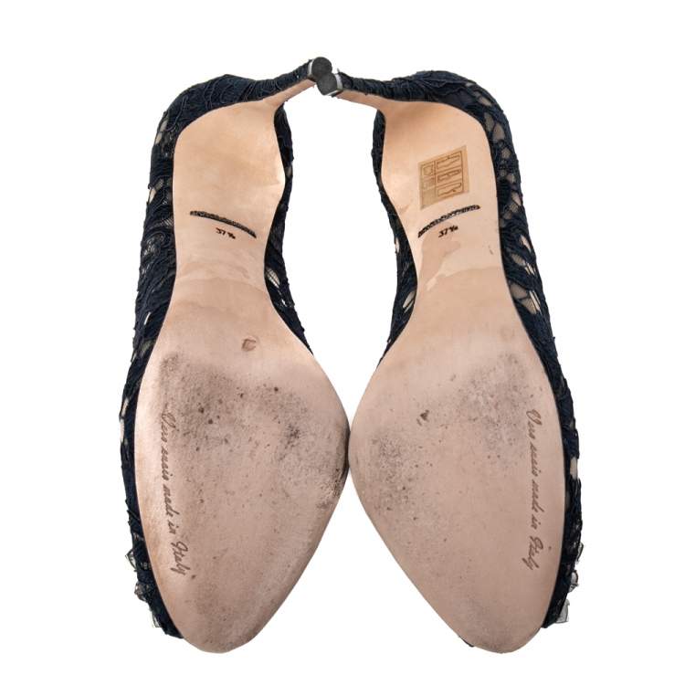 Pre Owned Dolce & Gabbana Navy Blue  Lace And Mesh Crystal Embellished Peep Toe Pumps Size 37.5