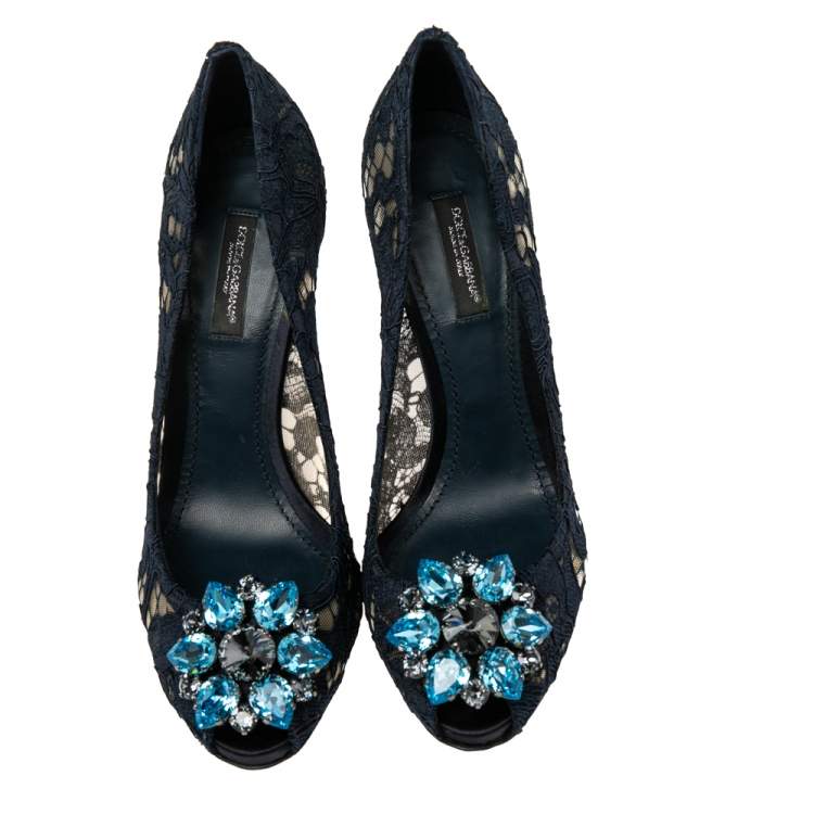 Pre Owned Dolce & Gabbana Navy Blue  Lace And Mesh Crystal Embellished Peep Toe Pumps Size 37.5