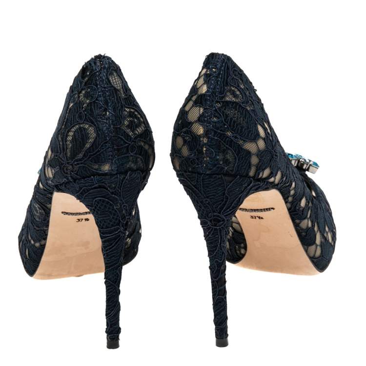 Pre Owned Dolce & Gabbana Navy Blue  Lace And Mesh Crystal Embellished Peep Toe Pumps Size 37.5