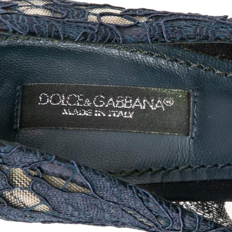 Pre Owned Dolce & Gabbana Navy Blue  Lace And Mesh Crystal Embellished Peep Toe Pumps Size 37.5