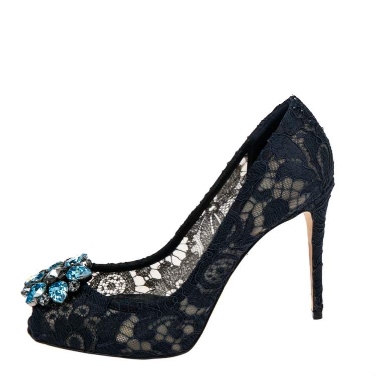 Pre Owned Dolce & Gabbana Navy Blue  Lace And Mesh Crystal Embellished Peep Toe Pumps Size 37.5