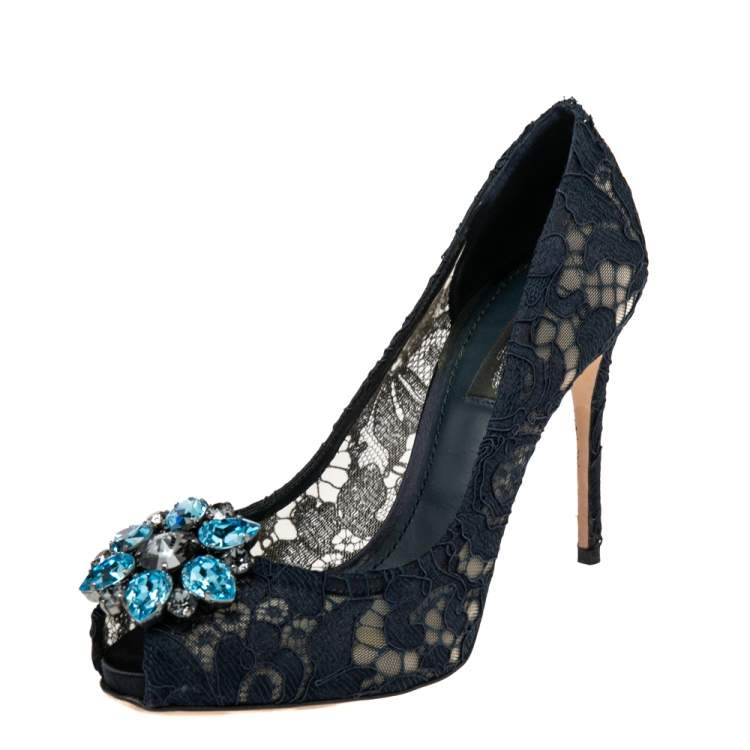 Pre Owned Dolce & Gabbana Navy Blue  Lace And Mesh Crystal Embellished Peep Toe Pumps Size 37.5