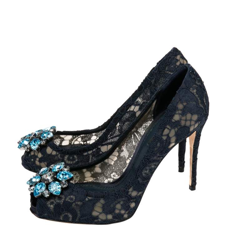 Pre Owned Dolce & Gabbana Navy Blue  Lace And Mesh Crystal Embellished Peep Toe Pumps Size 37.5