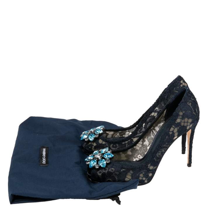 Pre Owned Dolce & Gabbana Navy Blue  Lace And Mesh Crystal Embellished Peep Toe Pumps Size 37.5