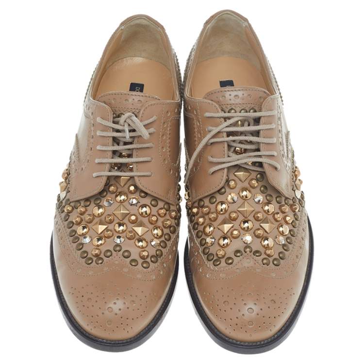 Pre Owned Dolce & Gabbana Tan Studded Brogue Leather Derby Shoes Size 38