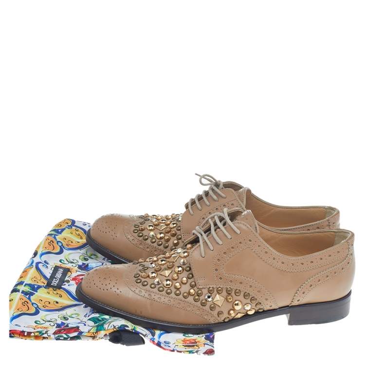 Pre Owned Dolce & Gabbana Tan Studded Brogue Leather Derby Shoes Size 38