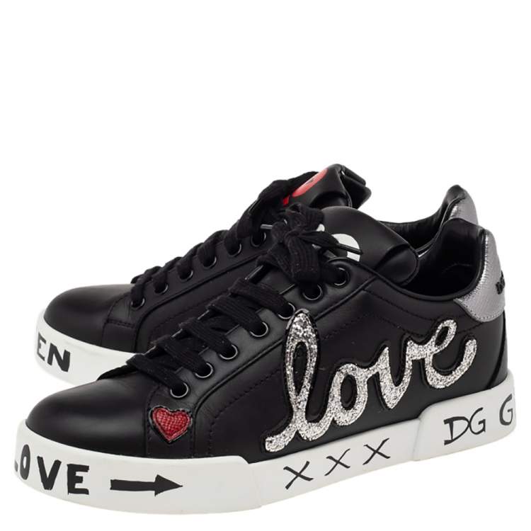 مملوكة مسبقًا Dolce & Gabbana Black Leather Love Patch And Graffiti Low Top Sneakers Size 36.5