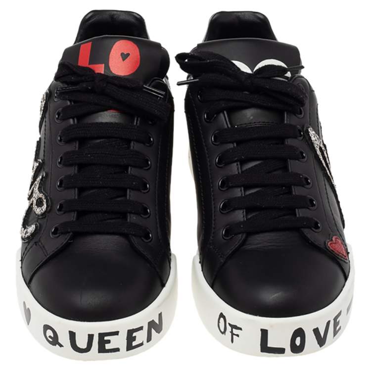 مملوكة مسبقًا Dolce & Gabbana Black Leather Love Patch And Graffiti Low Top Sneakers Size 36.5