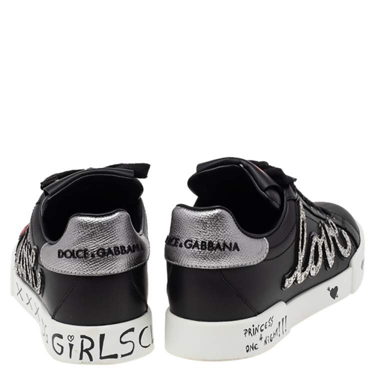 مملوكة مسبقًا Dolce & Gabbana Black Leather Love Patch And Graffiti Low Top Sneakers Size 36.5