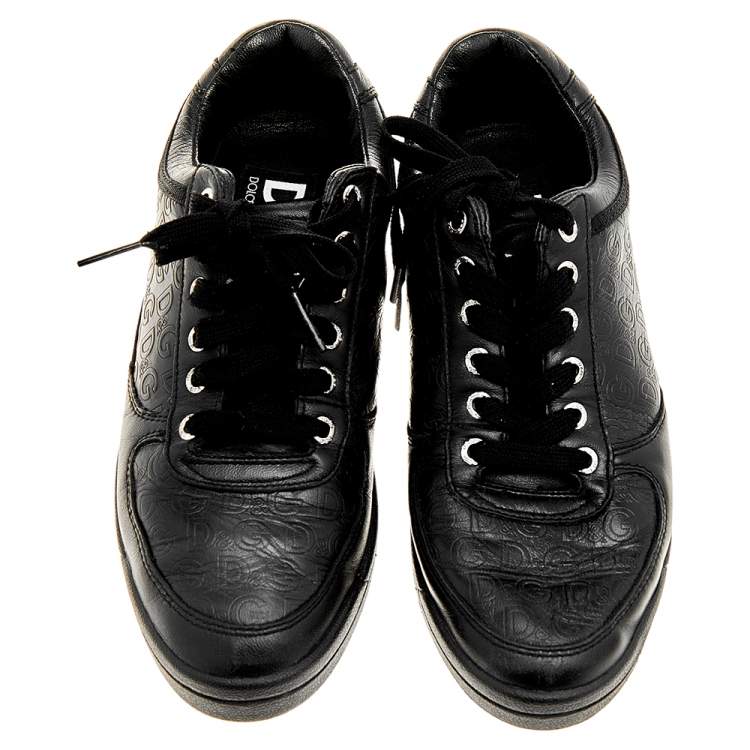 Pre Owned Dolce & Gabbana Black Leather Monogram Embossed Low Top Sneakers Size 38