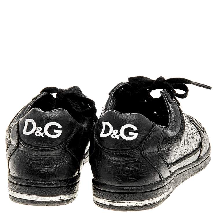 Pre Owned Dolce & Gabbana Black Leather Monogram Embossed Low Top Sneakers Size 38