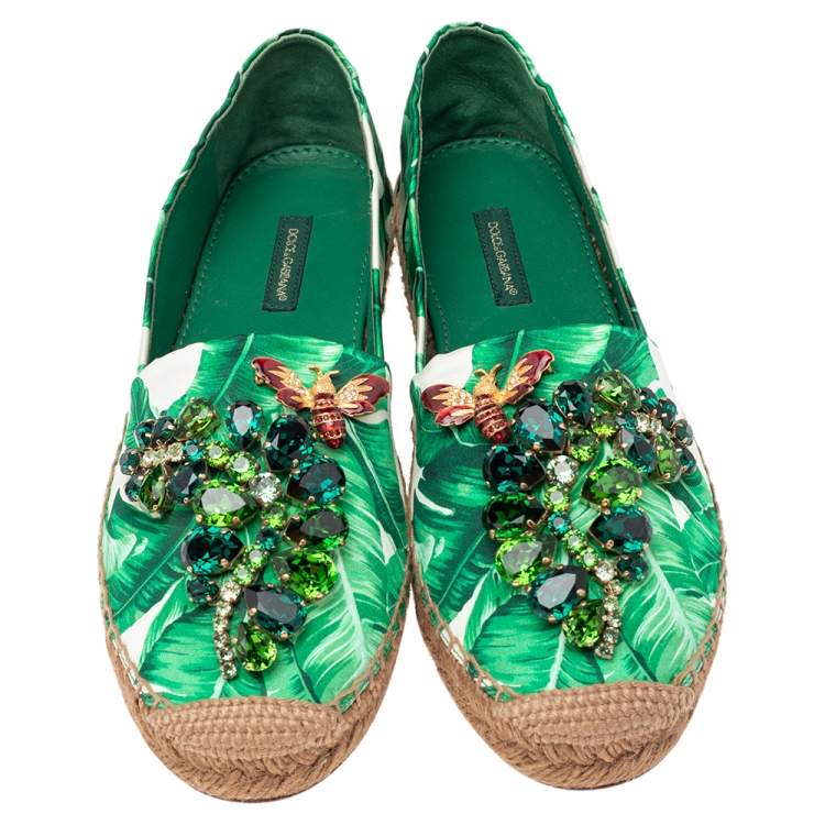 مملوكة مسبقًا Dolce & Gabbana Green/White Floral Print Satin Embellished Espadrille Flats Size 37