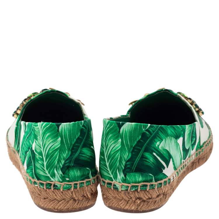 مملوكة مسبقًا Dolce & Gabbana Green/White Floral Print Satin Embellished Espadrille Flats Size 37