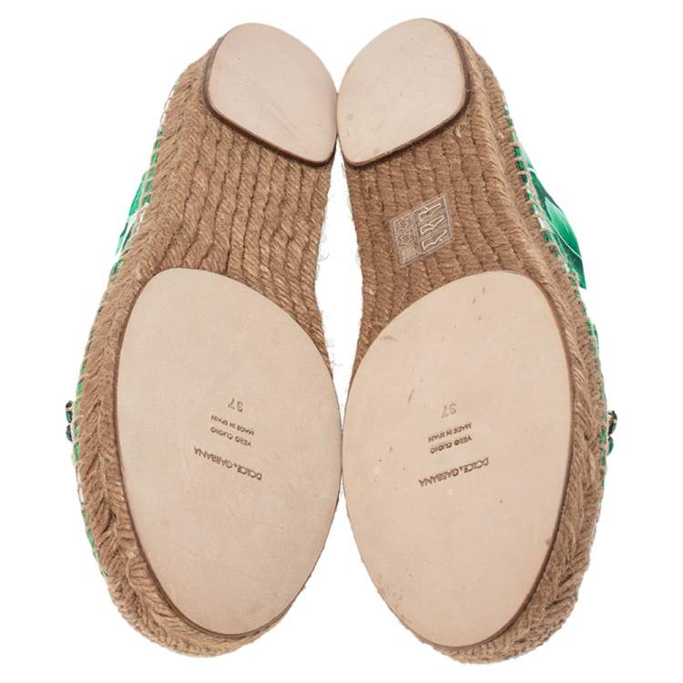 مملوكة مسبقًا Dolce & Gabbana Green/White Floral Print Satin Embellished Espadrille Flats Size 37