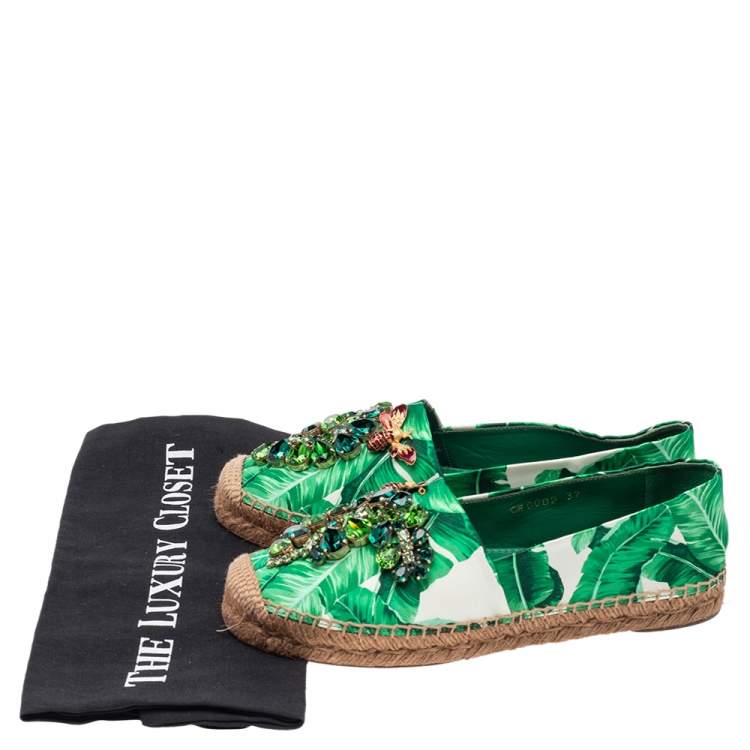 مملوكة مسبقًا Dolce & Gabbana Green/White Floral Print Satin Embellished Espadrille Flats Size 37