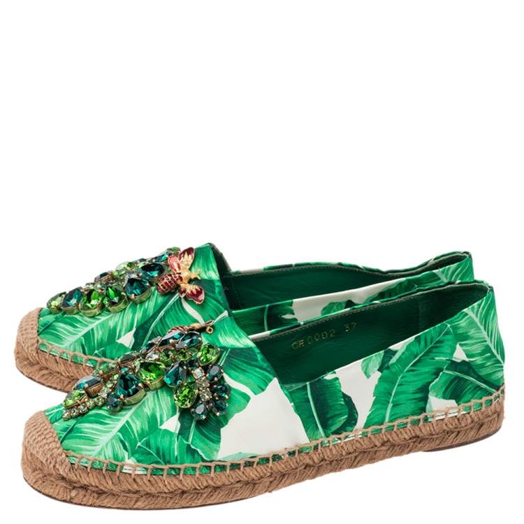 مملوكة مسبقًا Dolce & Gabbana Green/White Floral Print Satin Embellished Espadrille Flats Size 37
