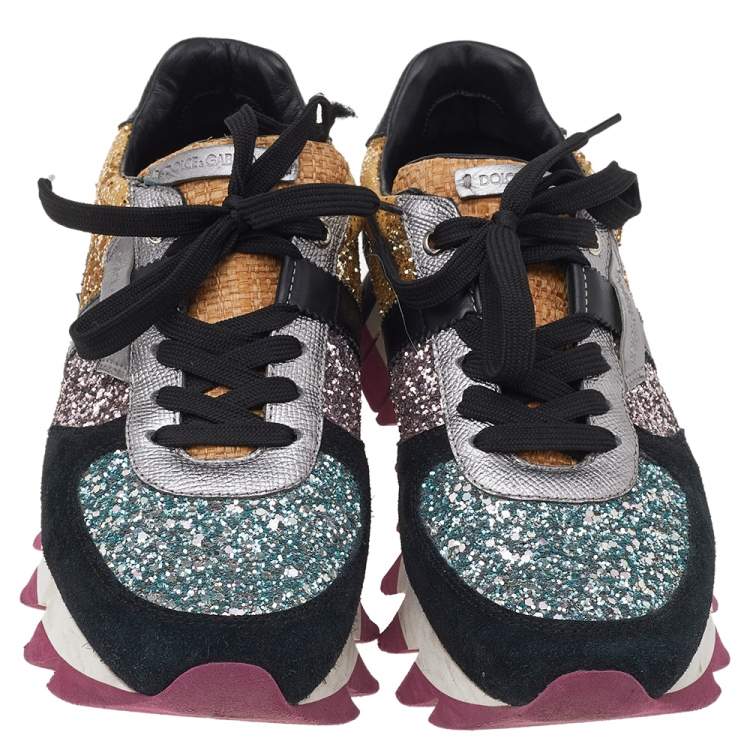 Pre Owned Dolce & Gabbana Multicolor Glitter, Leather, Patent Leather, And Suede Low Top Sneakers Size 38