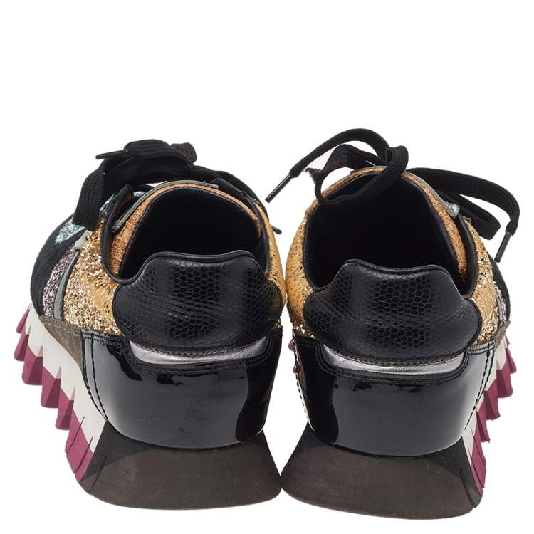 Pre Owned Dolce & Gabbana Multicolor Glitter, Leather, Patent Leather, And Suede Low Top Sneakers Size 38