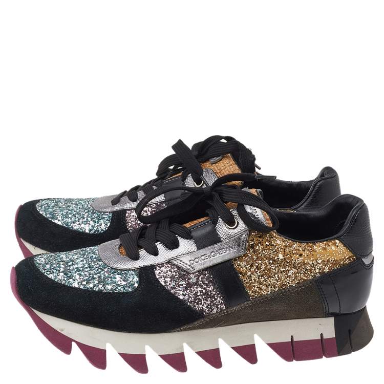 Pre Owned Dolce & Gabbana Multicolor Glitter, Leather, Patent Leather, And Suede Low Top Sneakers Size 38
