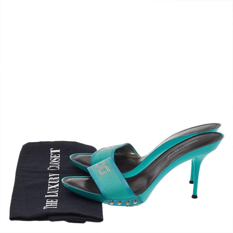 Pre Owned Dolce & Gabbana Blue Canvas And Leather Embellished Slide Sandals Size 39
