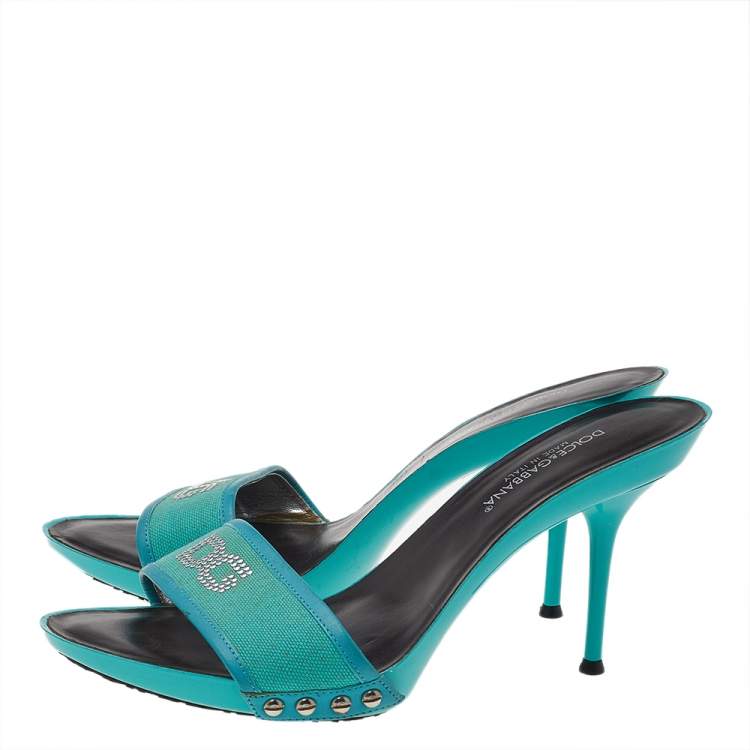 Pre Owned Dolce & Gabbana Blue Canvas And Leather Embellished Slide Sandals Size 39