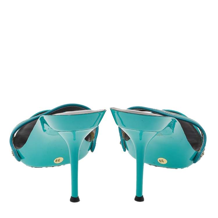 Pre Owned Dolce & Gabbana Blue Canvas And Leather Embellished Slide Sandals Size 39
